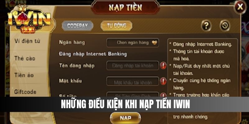 Những điều kiện khi nạp tiền IWIN 